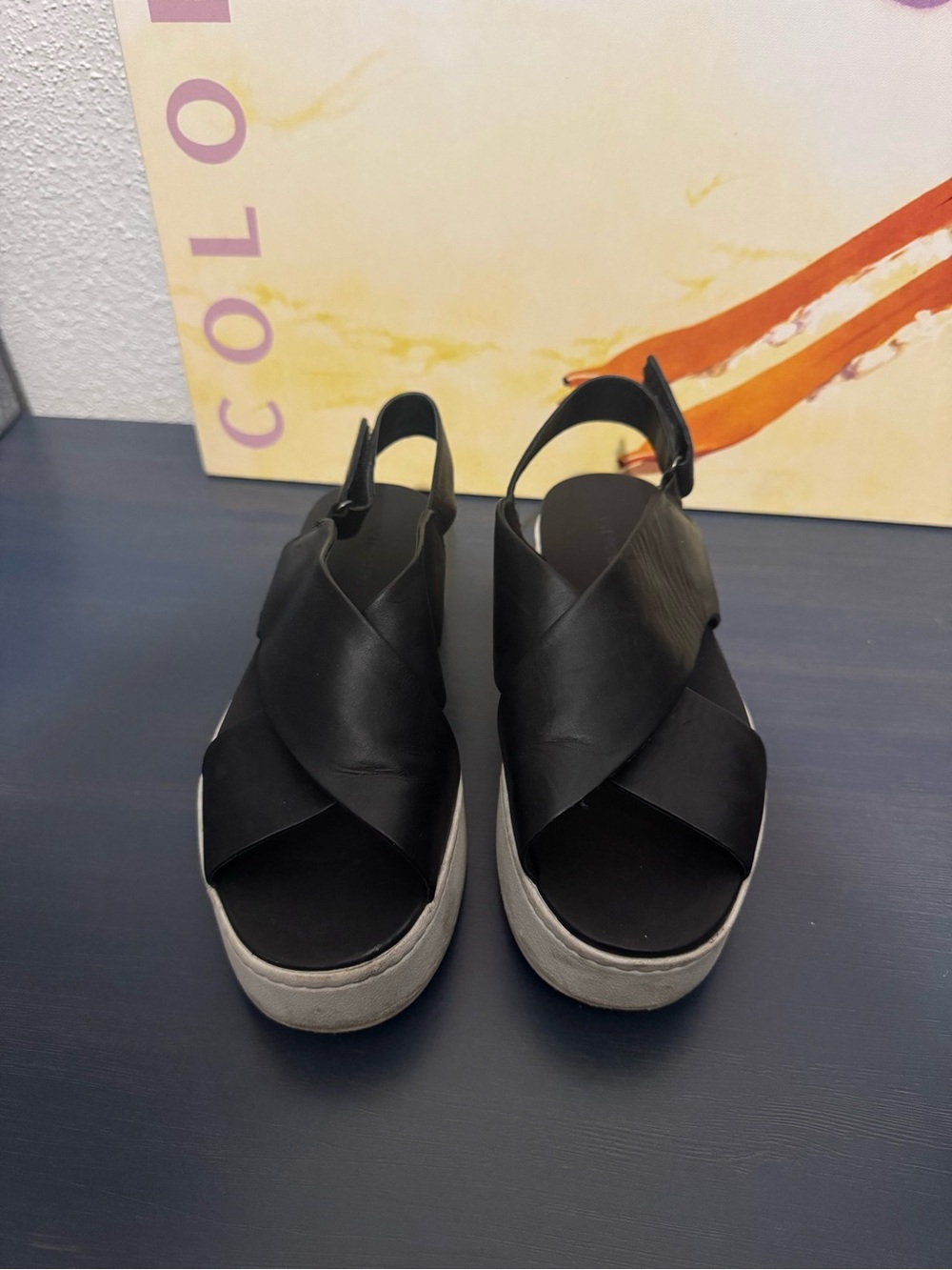 Vince Black Leather Crisscross Platform Slingback Sandals
